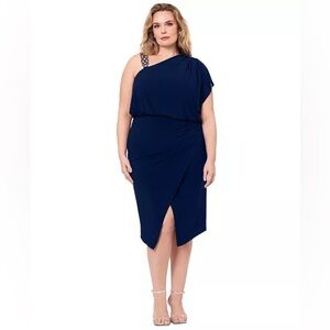 NWT!! Betsy & Adam - Plus Size High-Low Off-The-Shoulder Midi Dress - Navy - 18W